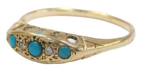 A 9ct gold turquoise and cz gypsy ring, set with three turquoise and two cz stones, ring size Q,...