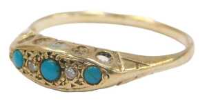 A 9ct gold turquoise and cz gypsy ring, set with three turquoise and two cz stones, ring size Q,...