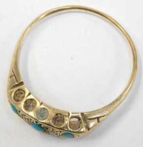A 9ct gold turquoise and cz gypsy ring, set with three turquoise and two cz stones, ring size Q,... - 2