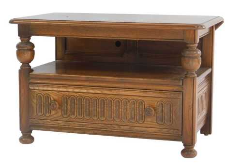 An Ercol Old Colonial elm television stand, the top with a rounded edge above an under tier,...