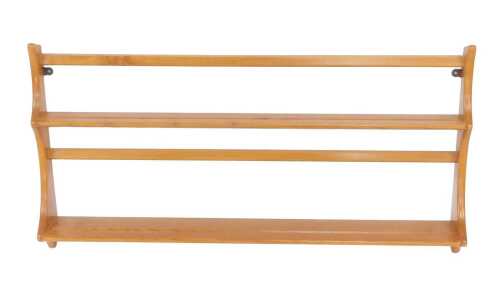 An Ercol elm wall shelf, comprising two shelved, bearing label, 50cm high, 96cm wide, 13cm deep.
