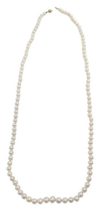 A cultured pearl single strand necklace, on an orb shaped clasp, yellow metal, marked 14K, 73cm...