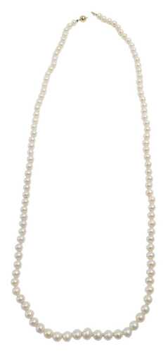 A cultured pearl single strand necklace, on an orb shaped clasp, yellow metal, marked 14K, 73cm...