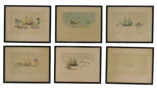 After Joe Spier. Six prints, each depicting Dutch galleons in various world settings, 22cm x 14cm.