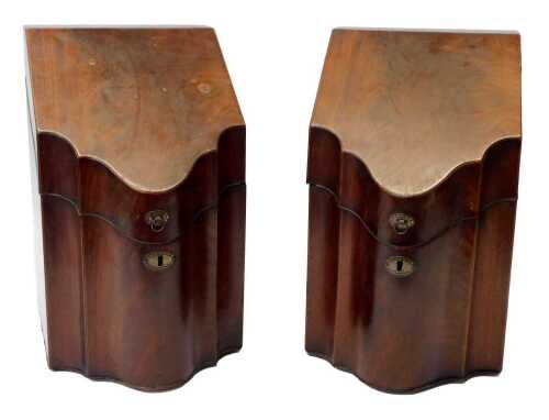 A pair of George III mahogany and line inlaid knife boxes, of serpentine form, each hinged lid...