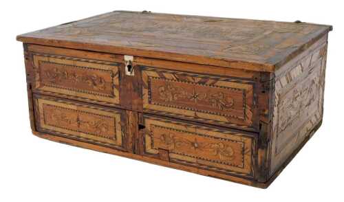 An early 19thC Napoleonic prisoner-of-war straw work box, the hinged lid decorated with...