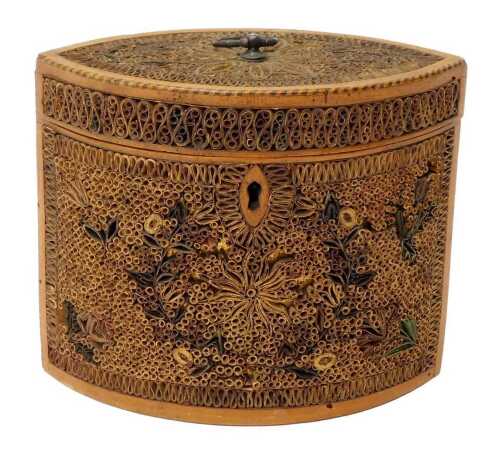 A 19thC quill work tea caddy, of oval form, the hinged lid with a ring handle enclosing a vacant...