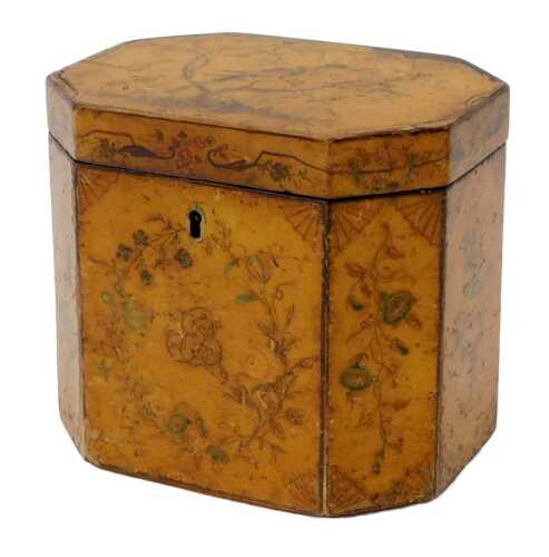 A Georgian tea caddy, of rectangular canted form, handpainted with birds, flowers, etc., and...