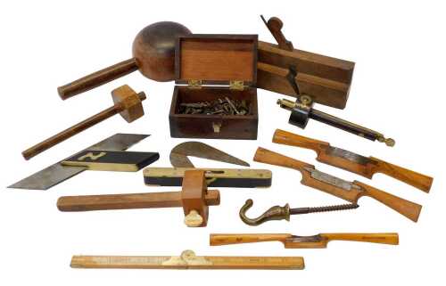 A group of antique measuring and other tools, to include a J Rabone and Sons measure, TH Shaw...