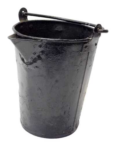 A black painted tin fire bucket, with swing handle, and conical spout, 33cm high.