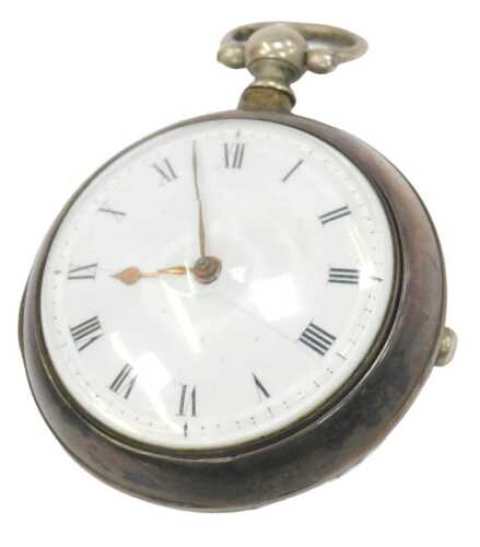 A George III silver pair cased pocket watch, with a white enamel Roman numeric dial and gold...