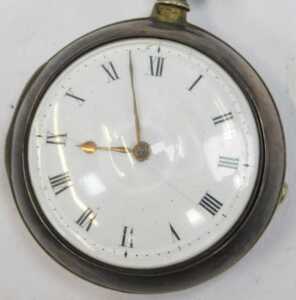 A George III silver pair cased pocket watch, with a white enamel Roman numeric dial and gold... - 2