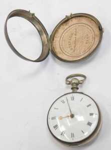 A George III silver pair cased pocket watch, with a white enamel Roman numeric dial and gold... - 3