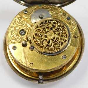 A George III silver pair cased pocket watch, with a white enamel Roman numeric dial and gold... - 4