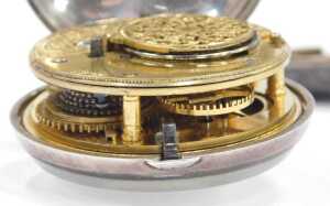 A George III silver pair cased pocket watch, with a white enamel Roman numeric dial and gold... - 5