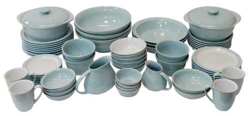 A Denby stoneware two tone pale blue and white part dinner service, to include breakfast bowls,...