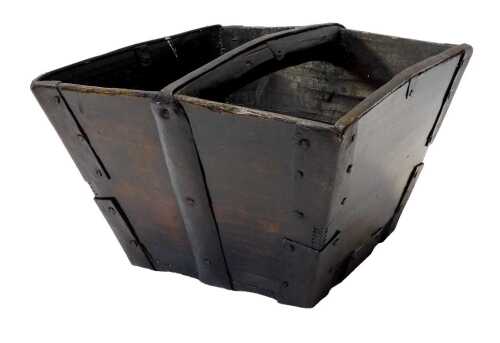A Chinese wooden rice grain basket, of square tapering form, with metal mounts and handle, 32cm...