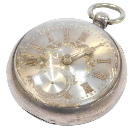 A Victorian silver pocket watch, with a silvered Roman numeric dial, with raised detail of...