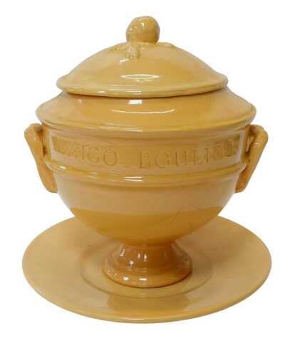 A 20thC French yellow glaze lidded twin handled soup tureen and cover, bearing inscription...