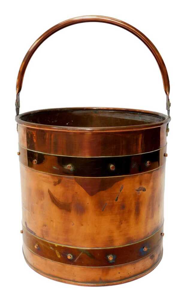 A late Victorian copper and brass banded log or coal bucket, with a ...