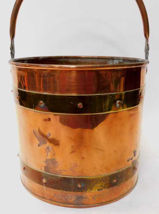 A late Victorian copper and brass banded log or coal bucket, with a ...