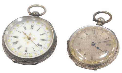 Two fob watches, comprising one with a white enamel Roman numeric dial and picked out in gilt,...
