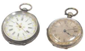 Two fob watches, comprising one with a white enamel Roman numeric dial and picked out in gilt,...