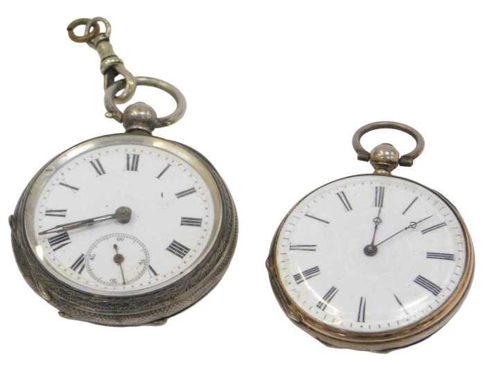 Two fob watches, comprising a Continental fob watch, with a white enamel Roman numeric dial and...