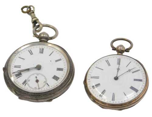 Two fob watches, comprising a Continental fob watch, with a white enamel Roman numeric dial and...