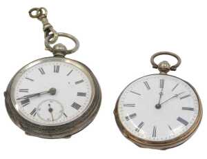 Two fob watches, comprising a Continental fob watch, with a white enamel Roman numeric dial and...