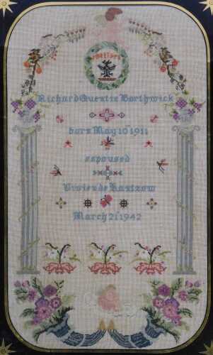 A 20thC pictorial sampler, depicting columns, cherub, grapes and flowers, bearing the lettering...