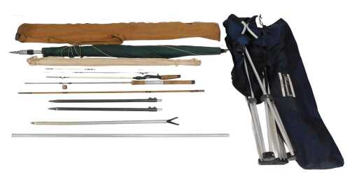 Two fishing umbrellas, bank sticks and a folding camping chair.