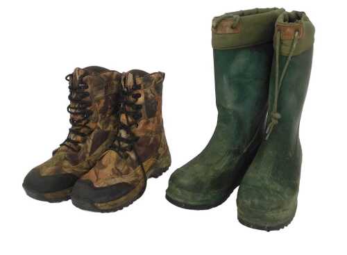 A pair of TF Gear Realtree camouflage boots, size 9, and a pair of Eiger fleece lined Wellington...
