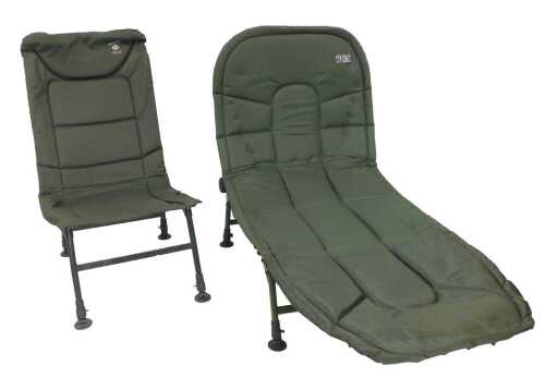 A TF fishing tackle bed chair, and a JRC Terry Hearn Stealth chair. (2)