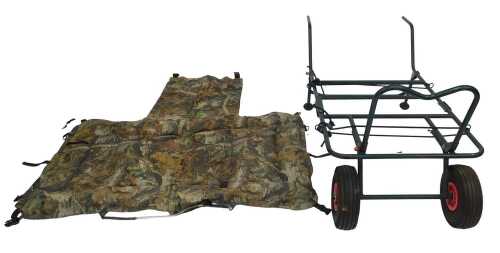 A two-wheeled fishing barrow, and a Real Tree camouflage unhooking mat. (2)