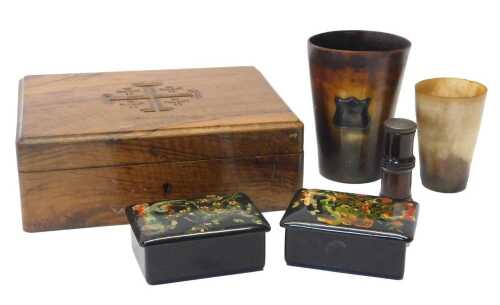 A Jerusalem olive wood box, two powder compacts, vintage keys, two papier mache boxes, two horn...