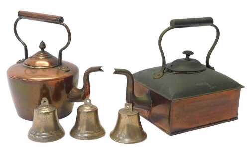 A Victorian copper kettle, with an acorn finial, 29cm high, a square-section copper kettle, and...