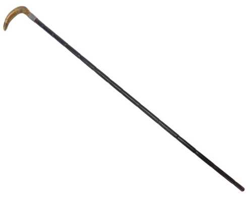 An ebonised bamboo walking stick, with a horn handle and engraved silver ferrule, 87cm long.