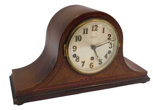 An Edwardian mahogany and inlaid Napoleon hat mantel clock, the silvered circular dial bearing...