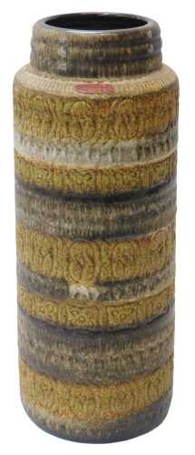 A German Scheurich fat lava cylindrical vase, with striped decoration in shades of brown,...