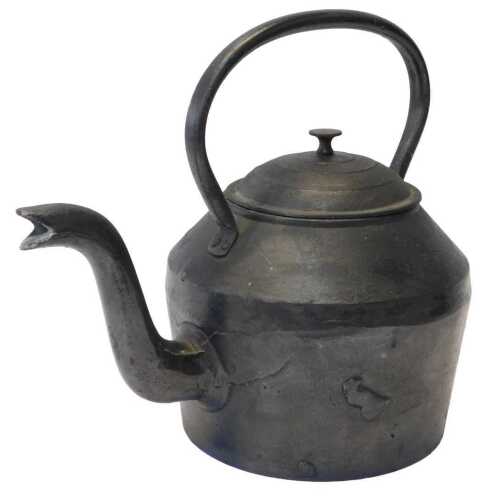 A Victorian cast iron kettle, stamped Swan and Brien, with associated lid, 40cm wide.