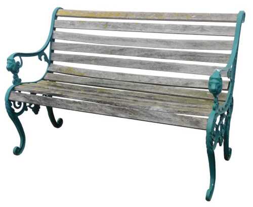 A garden bench, with green painted cast metal ends, and a wooden slatted seat and back, 125cm wide.