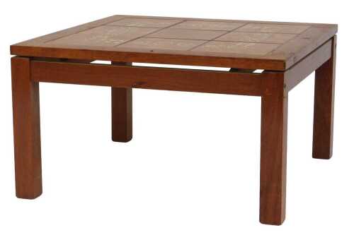 A 1970s teak tile top table, raised on block legs, 42cm high, the top 73.5cm x 74cm. (AF)