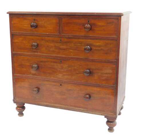 A Victorian mahogany chest, the top with a moulded edge above two short and three long drawers,...