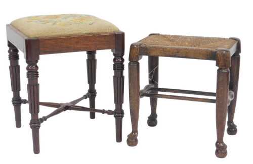 A 19thC mahogany footstool in Gillows style, with a needlework overstuffed seat, raised on...