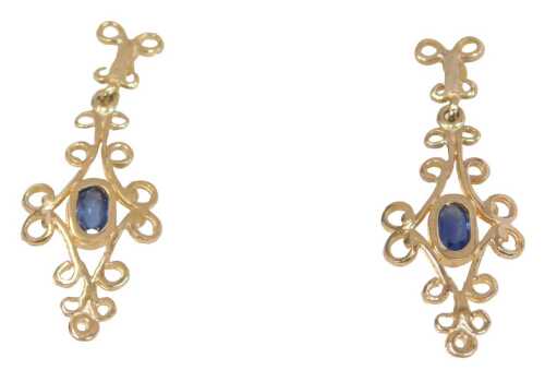 A pair of 9ct gold and sapphire drop earrings, each of scroll design, on single pins with...