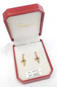 A pair of 9ct gold and sapphire drop earrings, each of scroll design, on single pins with... - 2