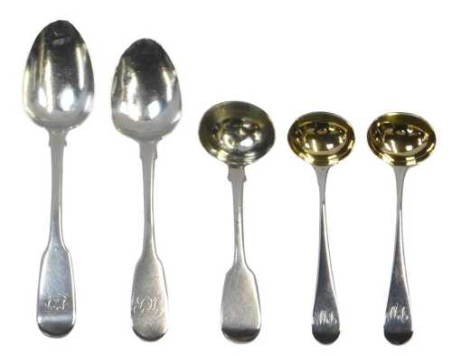 A group of silver spoons, to include a pair of Georgian silver mustard spoons, each with a gilt...