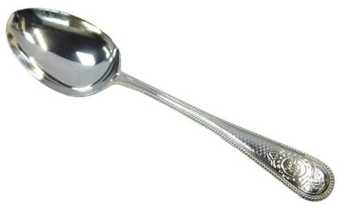 A Victorian silver Old English pattern dessert spoon, with a beaded border and bright cut...