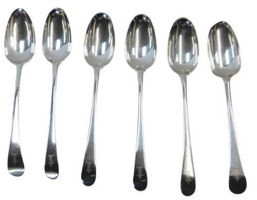 A set of six Georgian Old English pattern dessert spoons, crest engraved, possibly Judith...